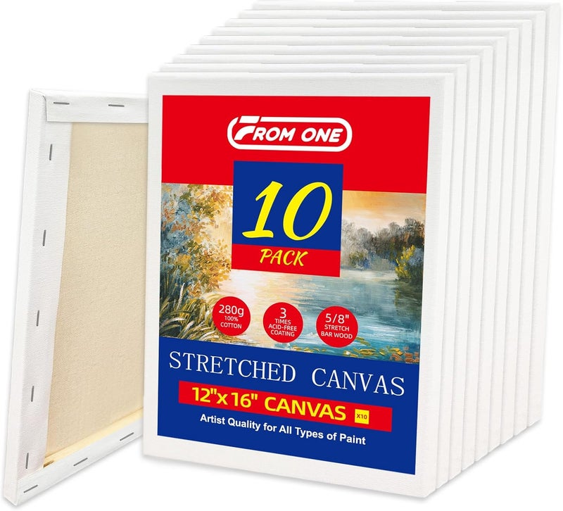 FROM ONE 10-Pack 12x16” Stretched Canvas – 100% Cotton with Natural Cottonseed Husk, 5/8” Deep Frame, Triple Primed Acid-Free White Canvas, No Bleed-Through, Warp-Resistant– Ready for Acrylics, Oils, Gouache - Image 1